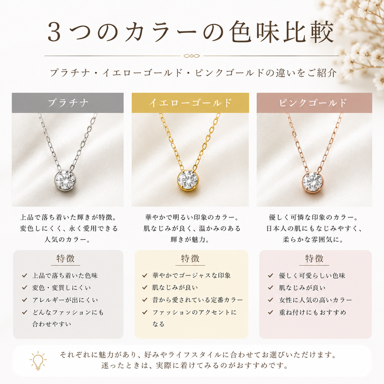 和歌山婚約ネックレスの素材比較